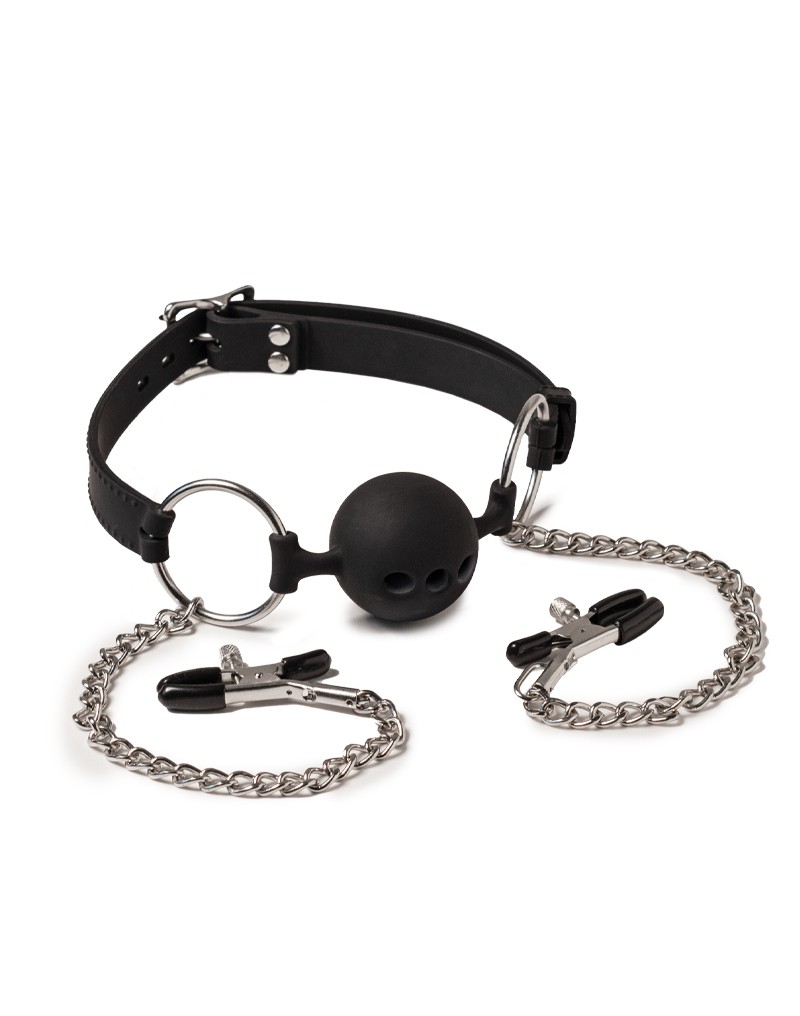 Mouth Gag with Ball and Nipple Clamps Black