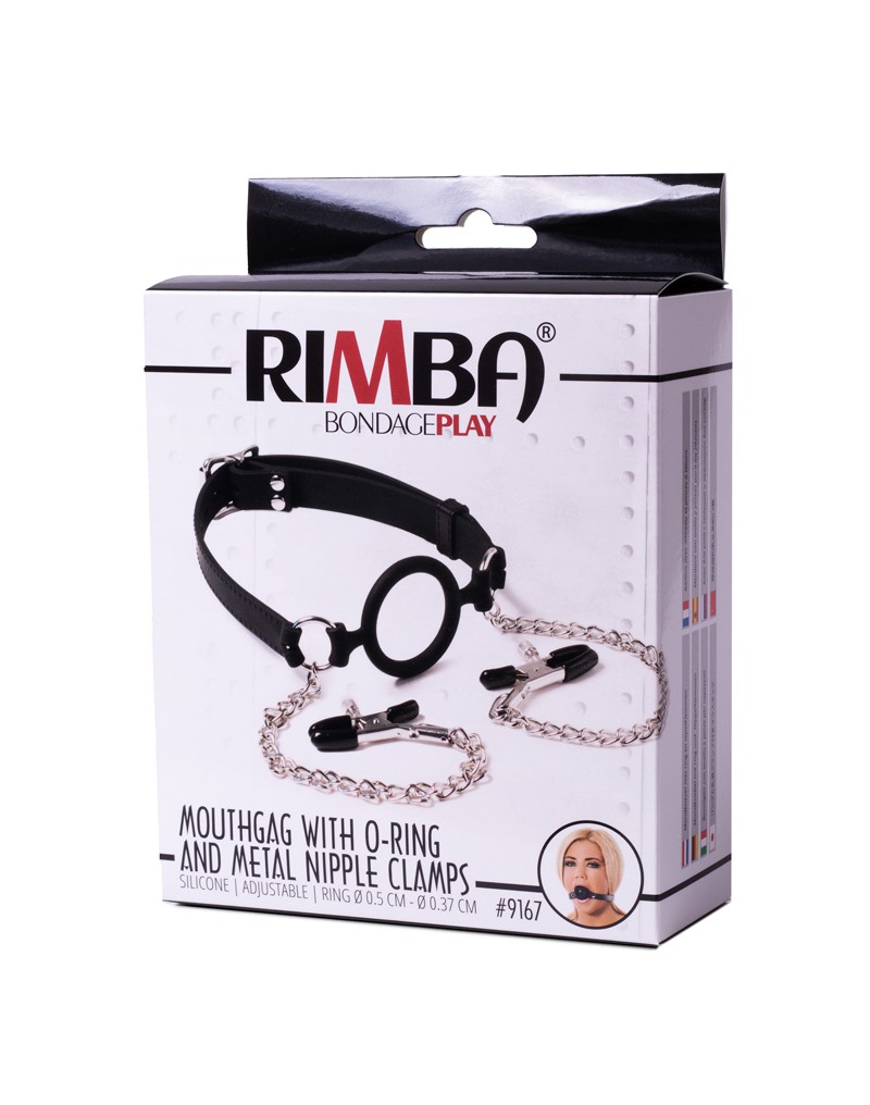 Mouth Gag with O-Ring and Nipple Clamps Black - Image 2