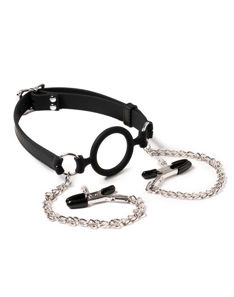 Mouth Gag with O-Ring and Nipple Clamps Black