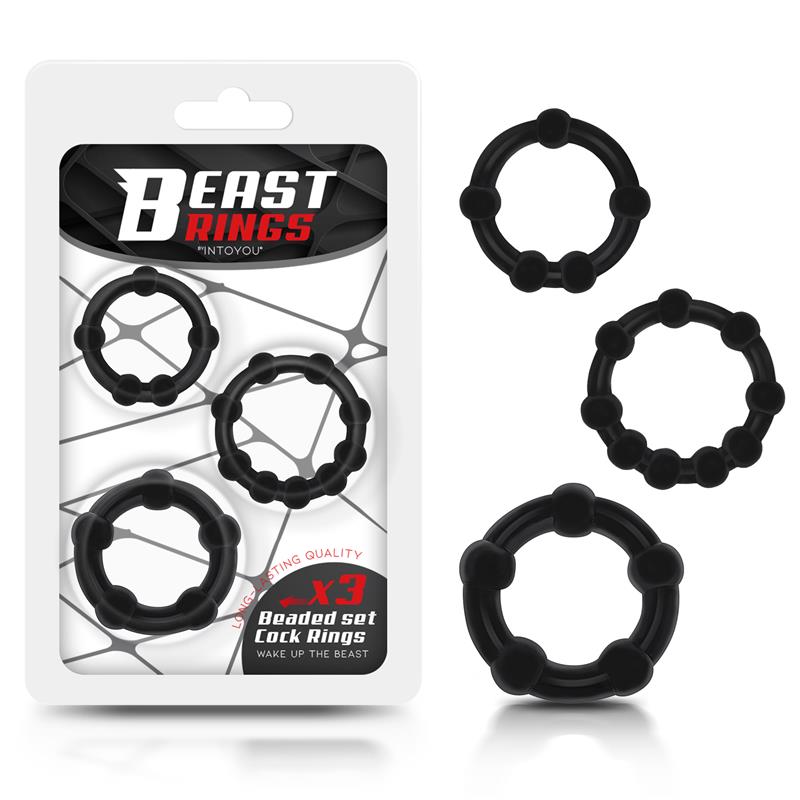 BEAST RINGS Set of 3 Cock Ring Beaded Flexible Black